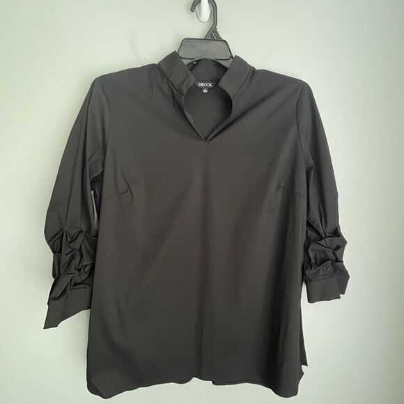 Misook Ruched Sleeve Nylon Blend Tunic Popover Size Large Black Quiet Luxury - Picture 3 of 15